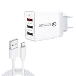 SDC-30W 2-in-1 USB to 8핀 데이터 케이블 + 30W QC 3.0 USB + 2.4A 듀얼 USB 2.0 포트 휴대폰 태블릿 PC 범용 고속 충전기 여행용 충전기 세트, EU 플러그, 8핀 케이블 포함, EU 플러그