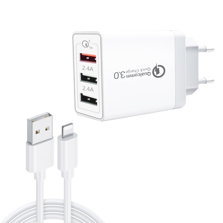 SDC-30W 2-in-1 USB to 8핀 데이터 케이블 + 30W QC 3.0 USB + 2.4A 듀얼 USB 2.0 포트 휴대폰 태블릿 PC 범용 고속 충전기 여행용 충전기 세트, EU 플러그, 8핀 케이블 포함, EU 플러그