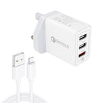 SDC-30W 2 in 1 USB to 8핀 데이터 케이블 + 30W QC 3.0 USB + 2.4A 듀얼 USB 2.0 포트 휴대폰 태블릿 PC 범용 고속 충전기 여행용 충전기 세트, UK 플러그, 8핀 케이블 포함, UK 플러그