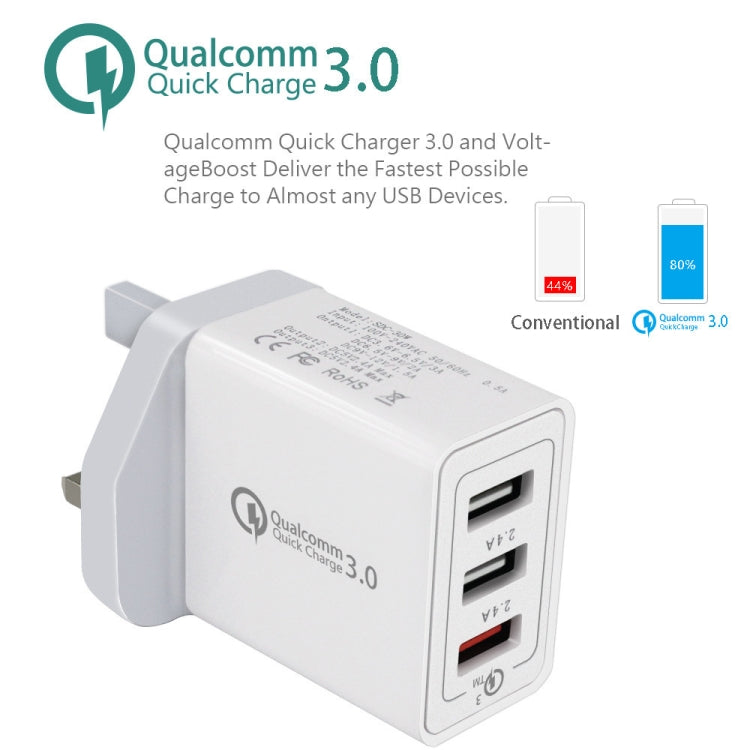 SDC-30W 2 in 1 USB to 8핀 데이터 케이블 + 30W QC 3.0 USB + 2.4A 듀얼 USB 2.0 포트 휴대폰 태블릿 PC 범용 고속 충전기 여행용 충전기 세트, UK 플러그, 8핀 케이블 포함, UK 플러그