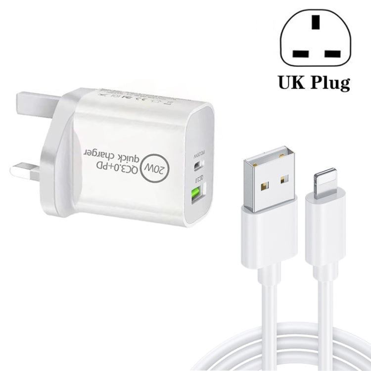 SDC-20WA+C 20W PD 3.0 + QC 3.0 USB 듀얼 고속 충전 범용 여행용 충전기, 마이크로 USB to 8핀 고속 충전 데이터 케이블 포함, UK 플러그, USB to 8핀 (UK 플러그)