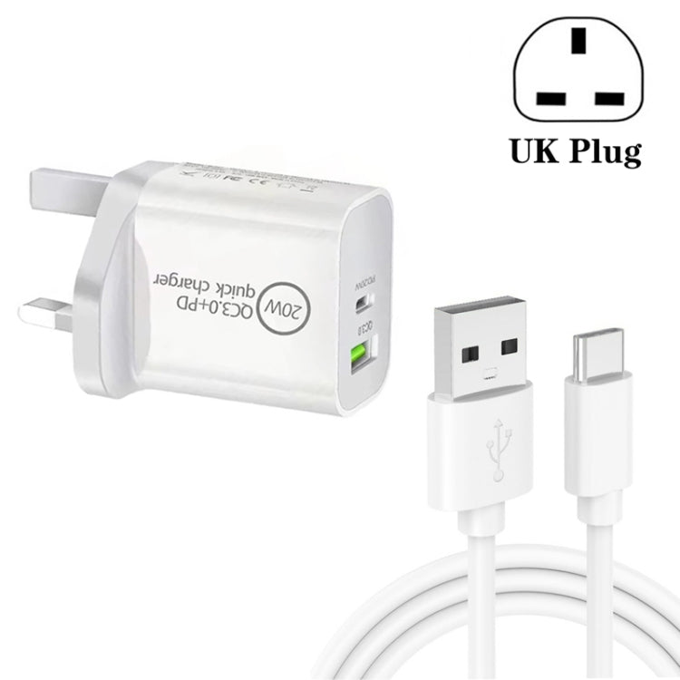 SDC-20WA+C 20W PD 3.0 + QC 3.0 USB 듀얼 고속 충전 범용 여행용 충전기, USB to 타입-C / USB-C 고속 충전 데이터 케이블 포함, UK 플러그, USB to 타입-C / USB-C (UK 플러그)