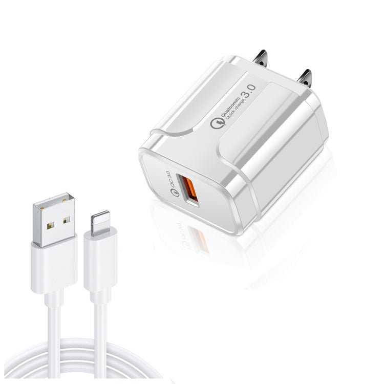 LZ-023 18W QC 3.0 USB 휴대용 여행용 충전기 + 3A USB to 8핀 데이터 케이블, US 플러그, USB to 8핀 데이터 케이블, US 플러그, 8핀 데이터 케이블, US 플러그