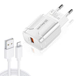 LZ-023 18W QC 3.0 USB 휴대용 여행용 충전기 + 3A USB to 8핀 데이터 케이블, EU 플러그, 8핀 데이터 케이블, EU 플러그