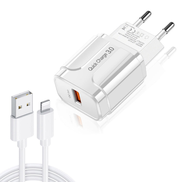 LZ-023 18W QC 3.0 USB 휴대용 여행용 충전기 + 3A USB to 8핀 데이터 케이블, EU 플러그, 8핀 데이터 케이블, EU 플러그