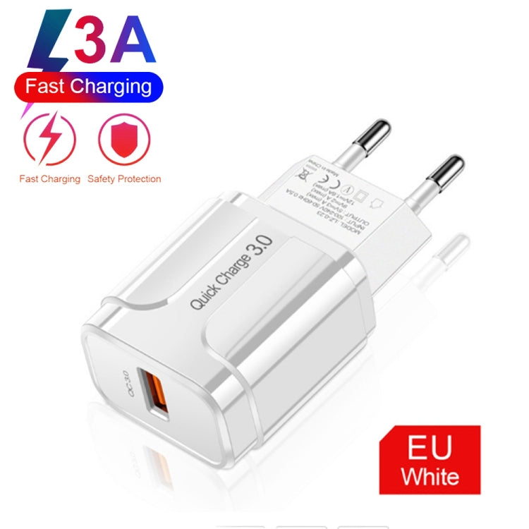 LZ-023 18W QC 3.0 USB 휴대용 여행용 충전기 + 3A USB to 8핀 데이터 케이블, EU 플러그, 8핀 데이터 케이블, EU 플러그