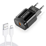 LZ-023 18W QC 3.0 USB 휴대용 여행용 충전기 + 3A USB to 8핀 데이터 케이블, EU 플러그, 8핀 데이터 케이블, EU 플러그