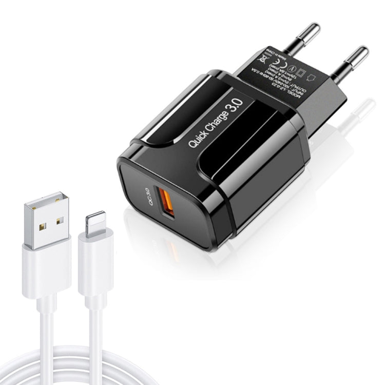 LZ-023 18W QC 3.0 USB 휴대용 여행용 충전기 + 3A USB to 8핀 데이터 케이블, EU 플러그, 8핀 데이터 케이블, EU 플러그
