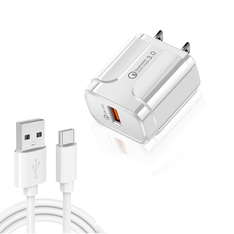 LZ-023 18W QC3.0 USB 휴대용 여행용 충전기 + 3A USB to Type-C 데이터 케이블, US 플러그, Type-C 데이터 케이블, US 플러그