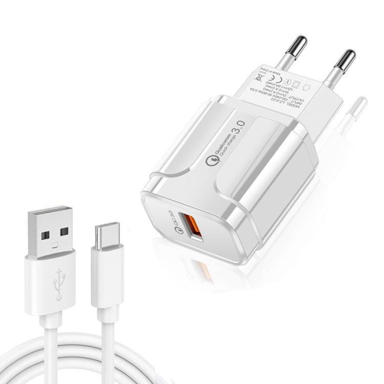 LZ-023 18W QC 3.0 USB 휴대용 여행용 충전기 + 3A USB to Type-C 데이터 케이블, EU 플러그, Type-C 데이터 케이블, EU 플러그