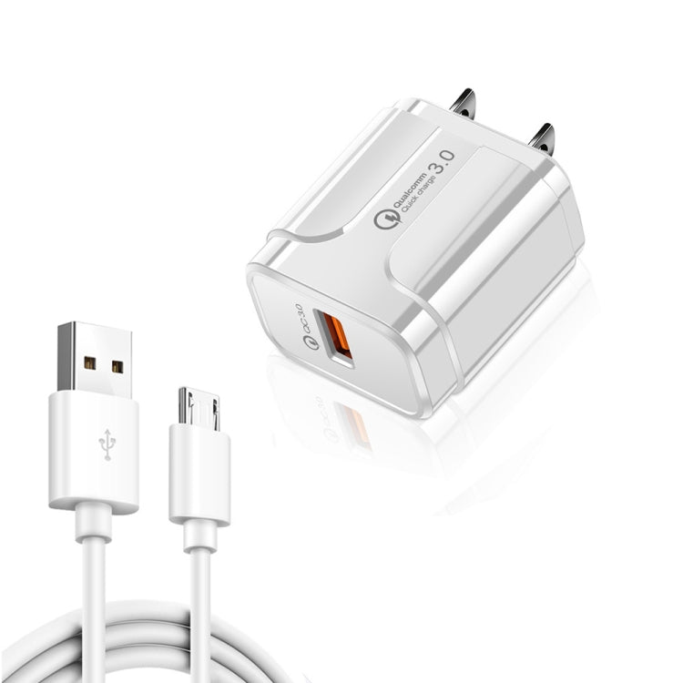 LZ-023 18W QC 3.0 USB 휴대용 여행용 충전기 + 3A USB to Micro USB 데이터 케이블, US 플러그, Micro USB 데이터 케이블, US 플러그