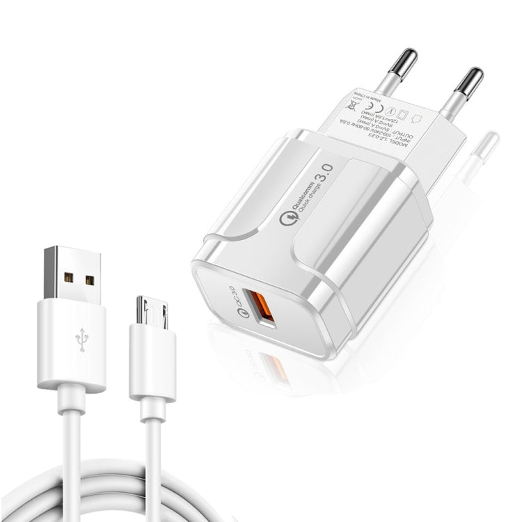 LZ-023 18W QC 3.0 USB 휴대용 여행용 충전기 + 3A USB to Micro USB 데이터 케이블, EU 플러그, Micro USB 데이터 케이블, EU 플러그