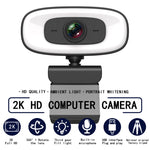 C10 2K HD 왜곡 없는 360도 회전 3단계 보조 조명 USB 드라이버 필요 없는 웹캠, 내장 사운드 선명한 마이크 포함