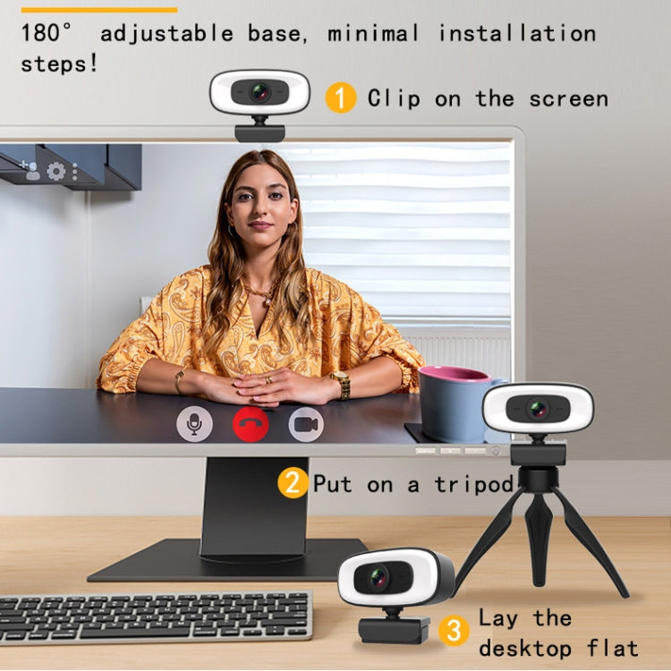 C10 2K HD 왜곡 없는 360도 회전 3단계 보조 조명 USB 드라이버 필요 없는 웹캠, 내장 사운드 선명한 마이크 포함