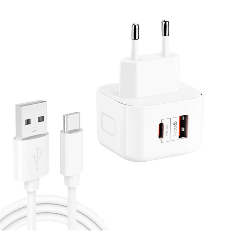 YSY-6087PD 20W PD3.0 + QC3.0 듀얼 고속 충전 여행용 충전기 USB to Type-C 데이터 케이블 포함, EU 플러그, US 플러그, UK 플러그