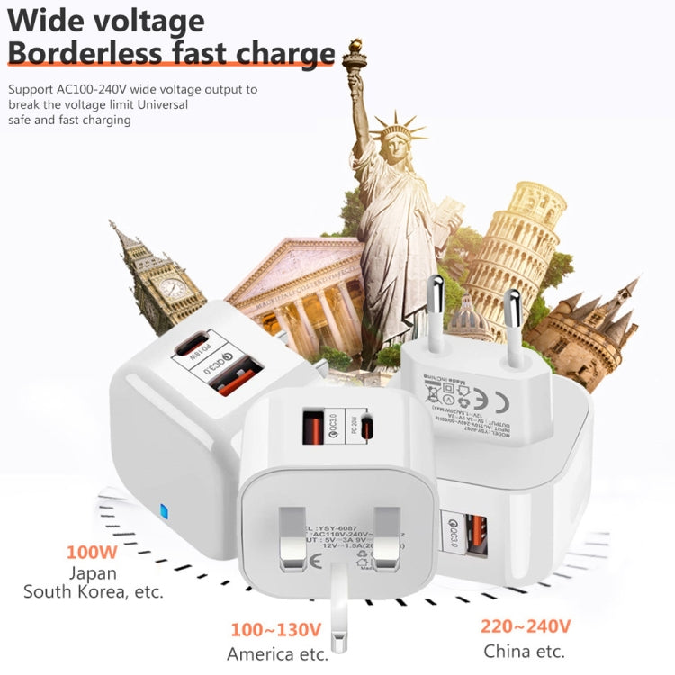 YSY-6087PD 20W PD3.0 + QC3.0 듀얼 고속 충전 여행용 충전기 Type-C to Type-C 데이터 케이블 포함, EU 플러그, US 플러그, UK 플러그