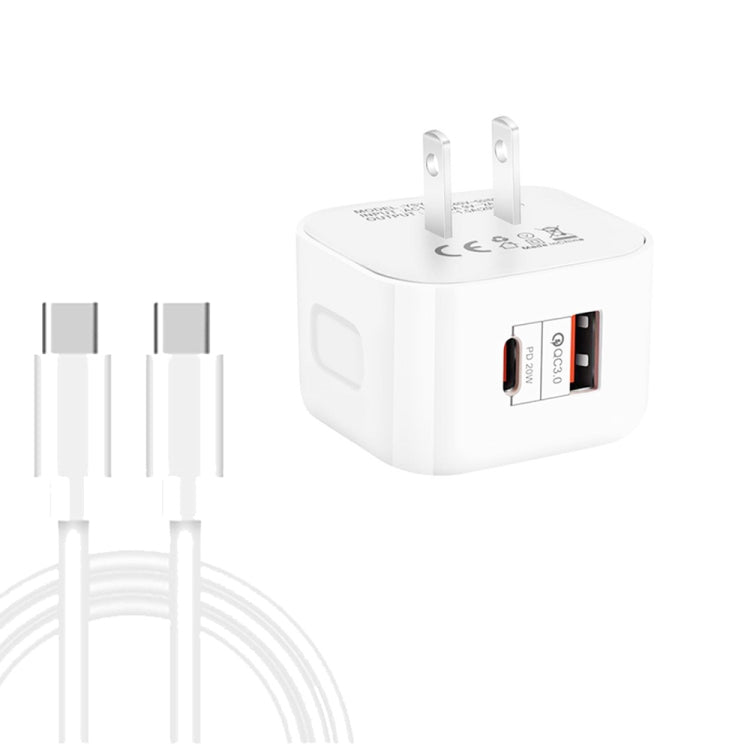 YSY-6087PD 20W PD3.0 + QC3.0 듀얼 고속 충전 여행용 충전기 Type-C to Type-C 데이터 케이블 포함, EU 플러그, US 플러그, UK 플러그
