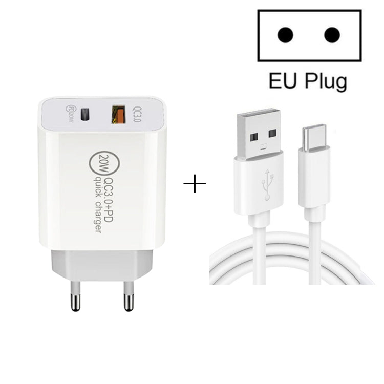 20W PD Type-C + QC 3.0 USB 인터페이스 고속 충전 여행용 충전기 USB to Type-C 고속 충전 데이터 케이블 포함, EU 플러그, US 플러그, AU 플러그
