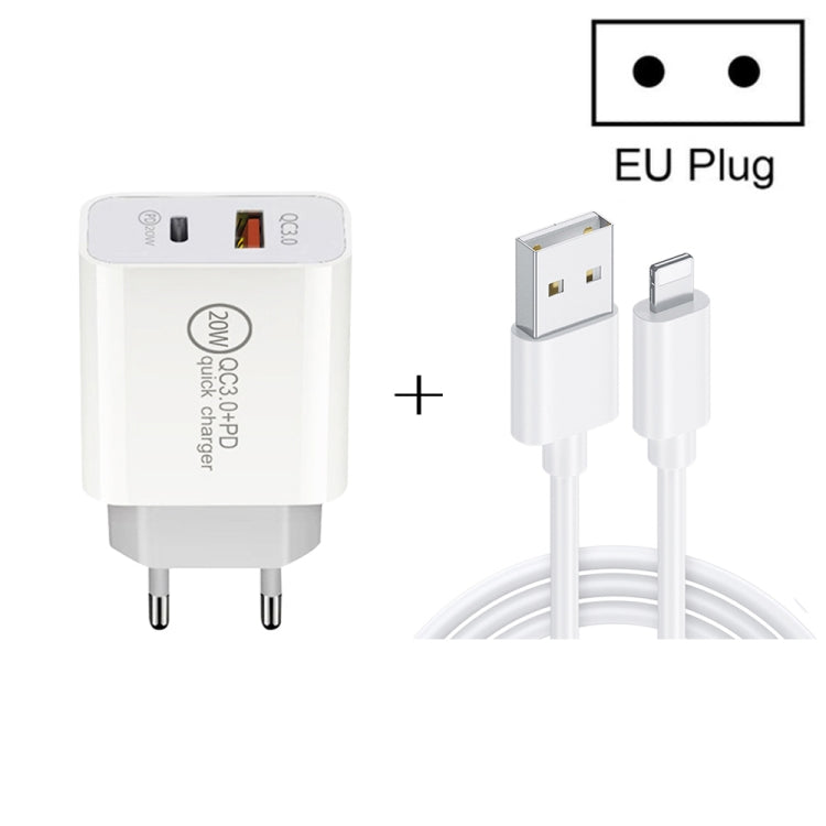 20W PD Type-C + QC 3.0 USB 인터페이스 고속 충전 여행용 충전기 USB to 8핀 고속 충전 데이터 케이블 포함, EU 플러그, US 플러그, AU 플러그