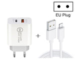 20W PD Type-C + QC 3.0 USB 인터페이스 고속 충전 여행용 충전기 USB to 8핀 고속 충전 데이터 케이블 포함, EU 플러그, US 플러그, AU 플러그