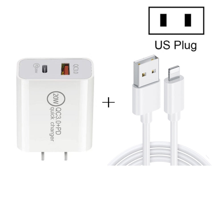 20W PD Type-C + QC 3.0 USB 인터페이스 고속 충전 여행용 충전기 USB to 8핀 고속 충전 데이터 케이블 포함, EU 플러그, US 플러그, AU 플러그