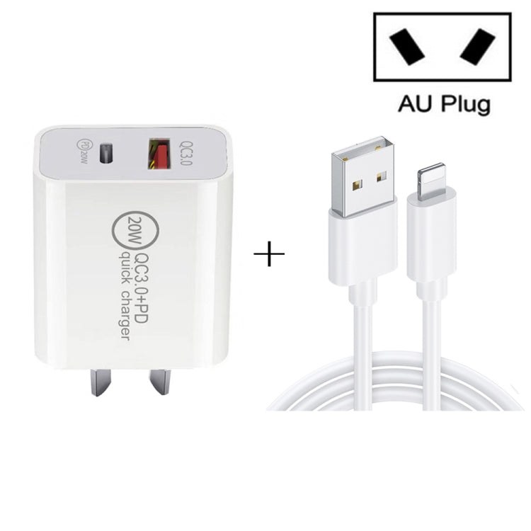20W PD Type-C + QC 3.0 USB 인터페이스 고속 충전 여행용 충전기 USB to 8핀 고속 충전 데이터 케이블 포함, EU 플러그, US 플러그, AU 플러그