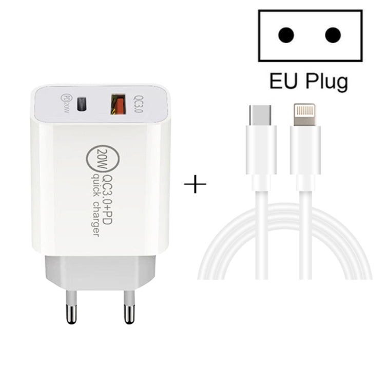 20W PD Type-C + QC 3.0 USB 인터페이스 고속 충전 여행용 충전기 USB-C / Type-C to 8핀 고속 충전 데이터 케이블 포함, EU 플러그, US 플러그, AU 플러그