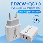 20W PD Type-C + QC 3.0 USB 인터페이스 고속 충전 여행용 충전기 USB-C / Type-C to 8핀 고속 충전 데이터 케이블 포함, EU 플러그, US 플러그, AU 플러그