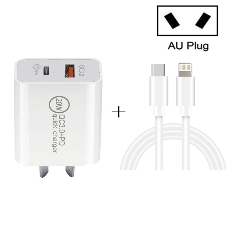 20W PD Type-C + QC 3.0 USB 인터페이스 고속 충전 여행용 충전기 USB-C / Type-C to 8핀 고속 충전 데이터 케이블 포함, EU 플러그, US 플러그, AU 플러그
