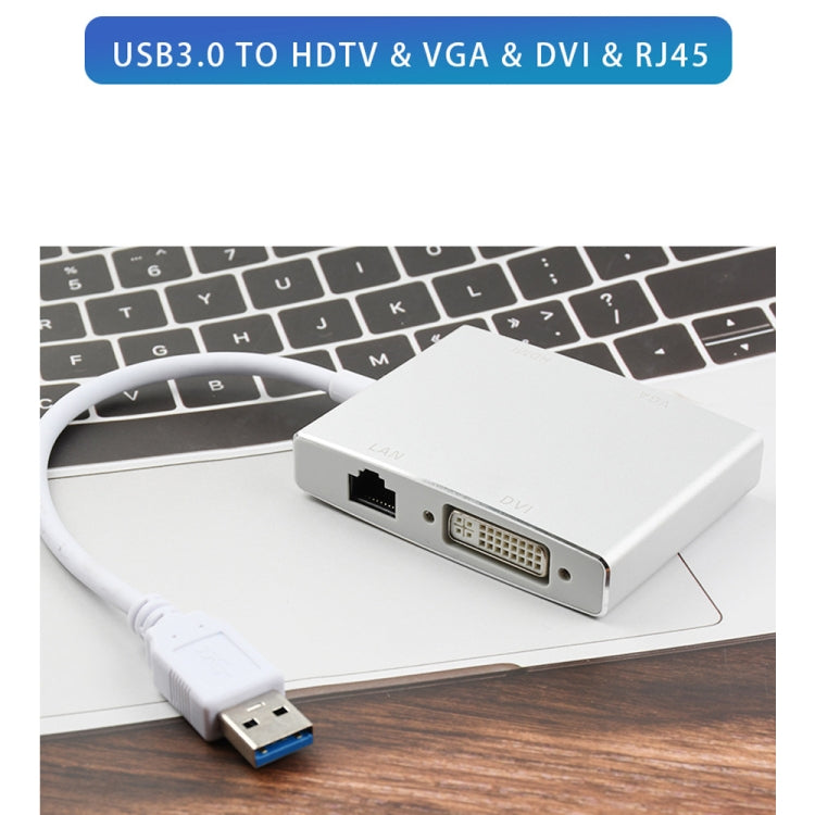 WS-03 4-in-1 USB 3.0 to VGA + HDMI + DVI + RJ45 네트워크 카드 이더넷 변환기