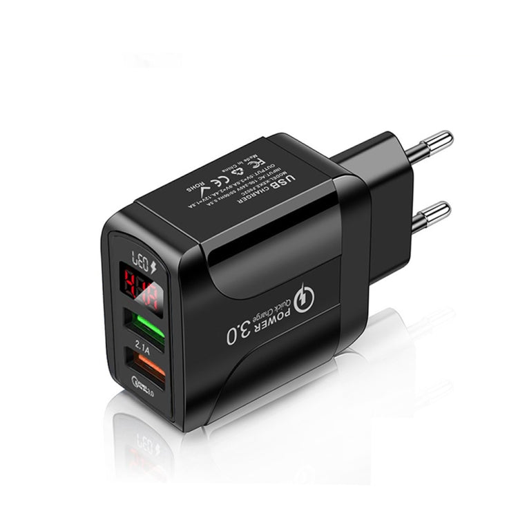 F002C QC3.0 USB + USB 2.0 고속 충전기 LED 디지털 디스플레이 탑재 휴대폰 및 태블릿용, EU 플러그