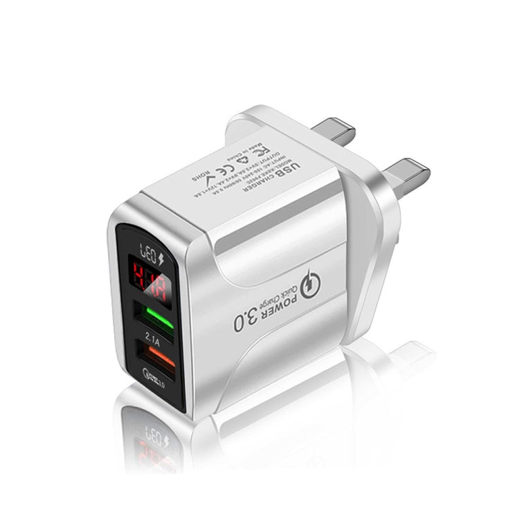 F002C QC3.0 USB + USB 2.0 고속 충전기 LED 디지털 디스플레이 탑재 휴대폰 및 태블릿용, UK 플러그