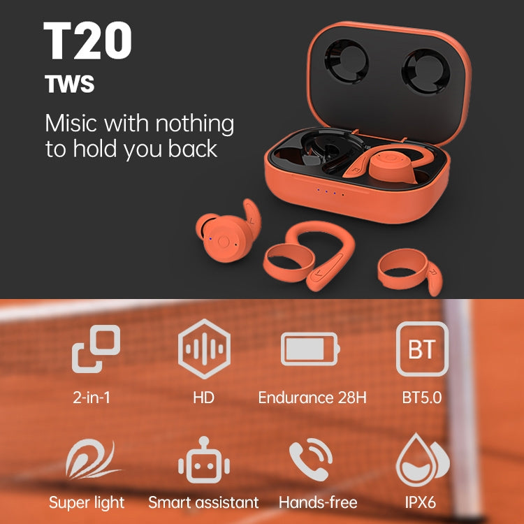 T20 TWS 블루투스 후크형 무선 스포츠 헤드폰 충전 케이스 포함 IPX6 방수 노이즈 캔슬링 이어폰