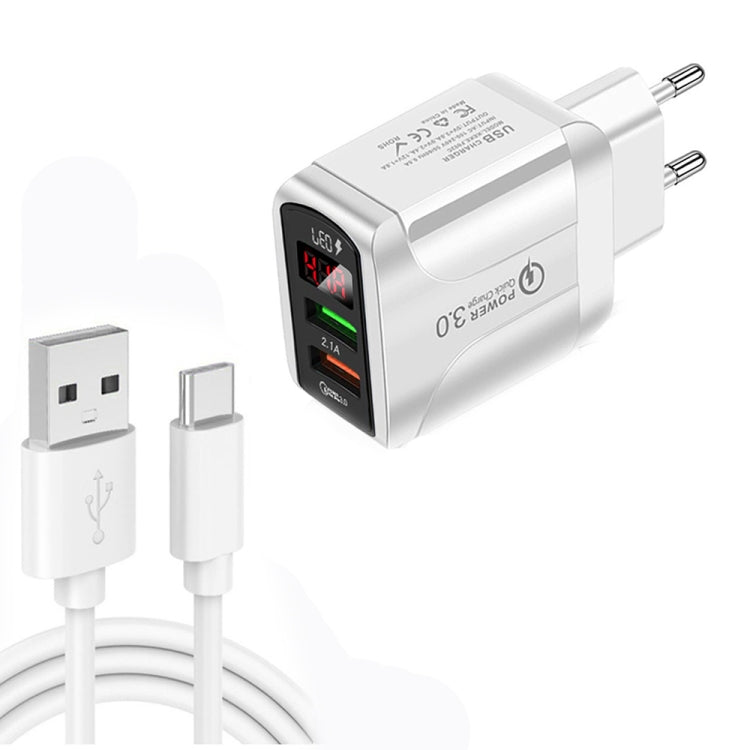 F002C QC3.0 USB + USB 2.0 LED 디지털 디스플레이 고속 충전기 USB to Type-C 데이터 케이블 포함, EU 플러그 + Type-C 케이블