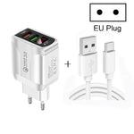 F002C QC3.0 USB + USB 2.0 LED 디지털 디스플레이 고속 충전기 USB to Type-C 데이터 케이블 포함, EU 플러그 + Type-C 케이블