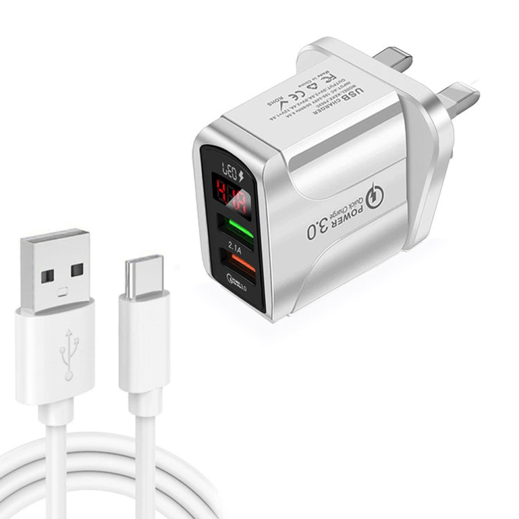 F002C QC3.0 USB + USB 2.0 LED 디지털 디스플레이 고속 충전기 USB to Type-C 데이터 케이블 포함, UK 플러그 + Type-C 케이블