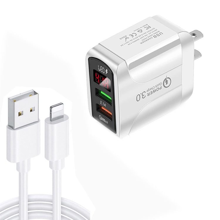 F002C QC3.0 USB + USB 2.0 LED 디지털 디스플레이 고속 충전기 USB to 8핀 데이터 케이블 포함, US 플러그, US 플러그 + 8핀 케이블
