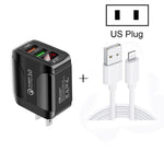 F002C QC3.0 USB + USB 2.0 LED 디지털 디스플레이 고속 충전기 USB to 8핀 데이터 케이블 포함, US 플러그, US 플러그 + 8핀 케이블