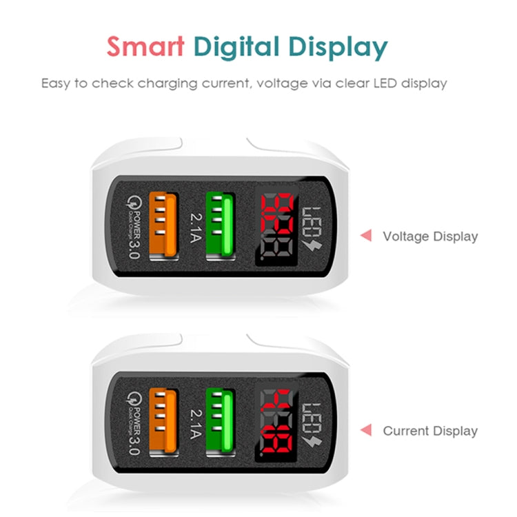 F002C QC3.0 USB + USB 2.0 LED 디지털 디스플레이 고속 충전기 USB to 8핀 데이터 케이블 포함, US 플러그, US 플러그 + 8핀 케이블