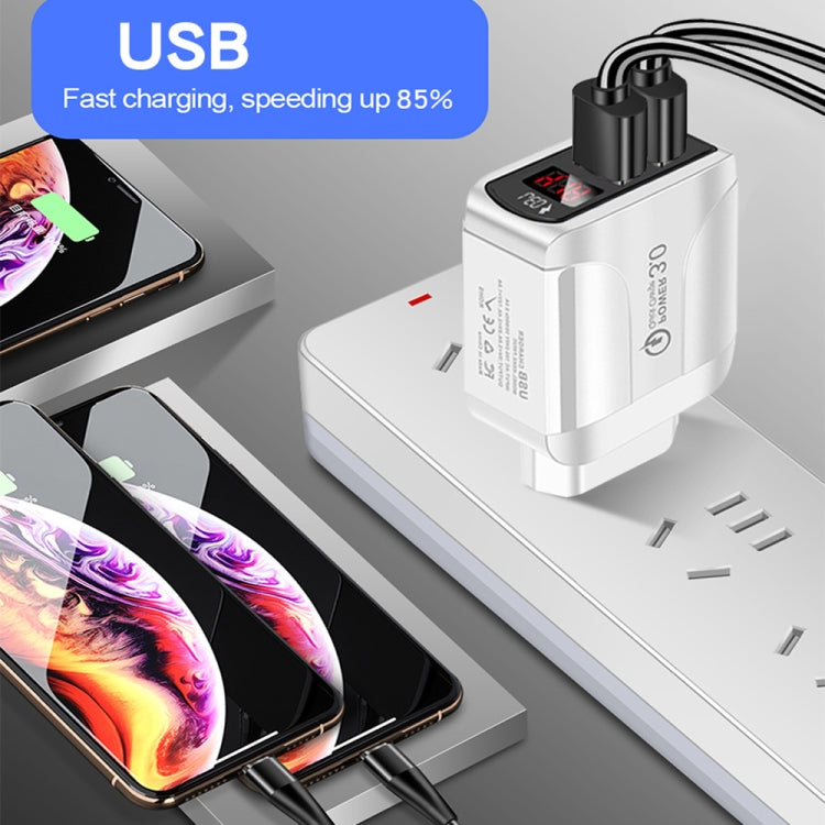 F002C QC3.0 USB + USB 2.0 LED 디지털 디스플레이 고속 충전기 USB to 8핀 데이터 케이블 포함, US 플러그, US 플러그 + 8핀 케이블