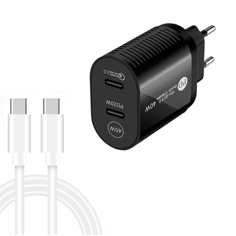 40W 듀얼 포트 PD / Type-C 고속 충전기 Type-C to Type-C 데이터 케이블 포함, EU 플러그 + Type-C to Type-C 케이블