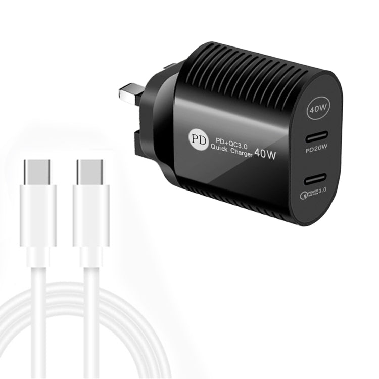 40W 듀얼 포트 PD / Type-C 고속 충전기 Type-C to Type-C 데이터 케이블 포함, UK 플러그 + Type-C to Type-C 케이블