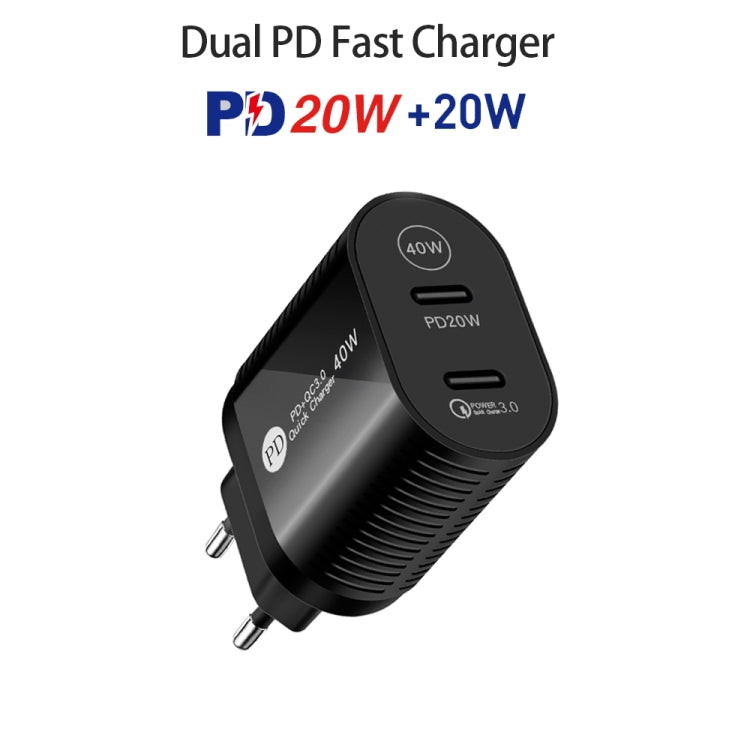 40W 듀얼 포트 PD / Type-C 고속 충전기 Type-C to 8핀 데이터 케이블 포함, EU 플러그, EU 플러그 + Type-C to 8핀 케이블