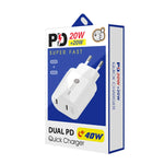 40W 듀얼 포트 PD / Type-C 고속 충전기 Type-C to 8핀 데이터 케이블 포함, EU 플러그, EU 플러그 + Type-C to 8핀 케이블
