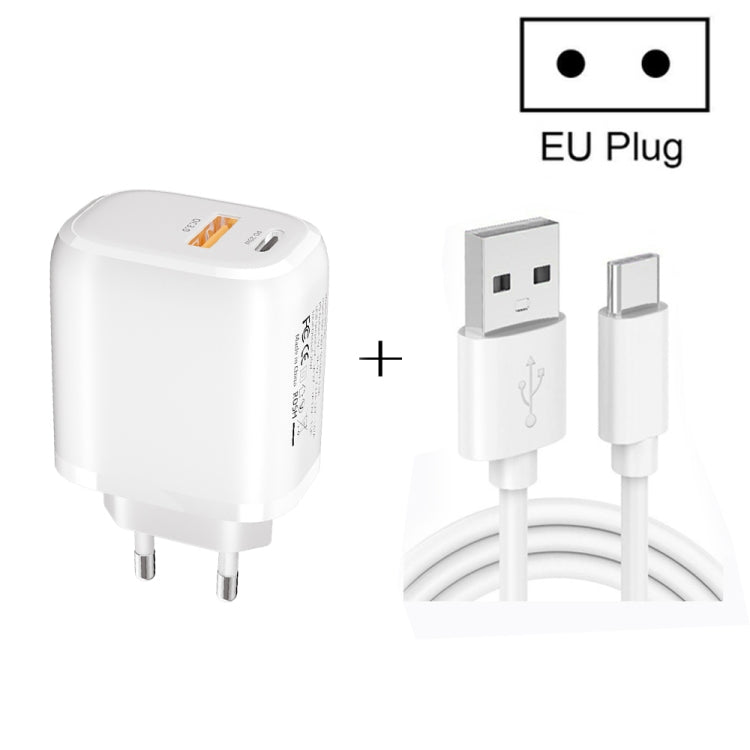 CS-20W 미니 휴대용 PD3.0 + QC3.0 듀얼 포트 고속 충전기 3A USB to Type-C 데이터 케이블 포함, 충전기 + USB to Type-C 케이블
