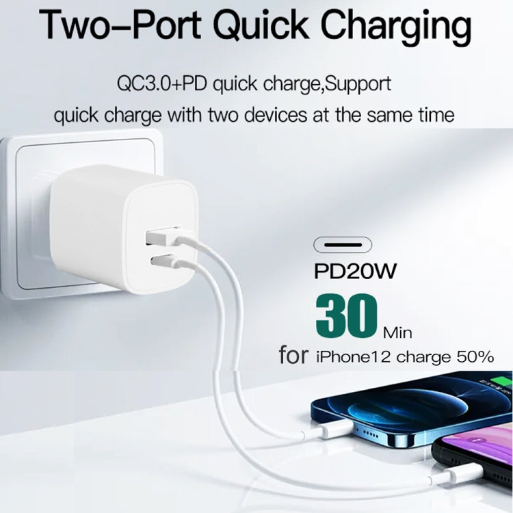 CS-20W 미니 휴대용 PD3.0 + QC3.0 듀얼 포트 고속 충전기 3A USB to 8핀 데이터 케이블 포함, 충전기 + USB to 8핀 케이블