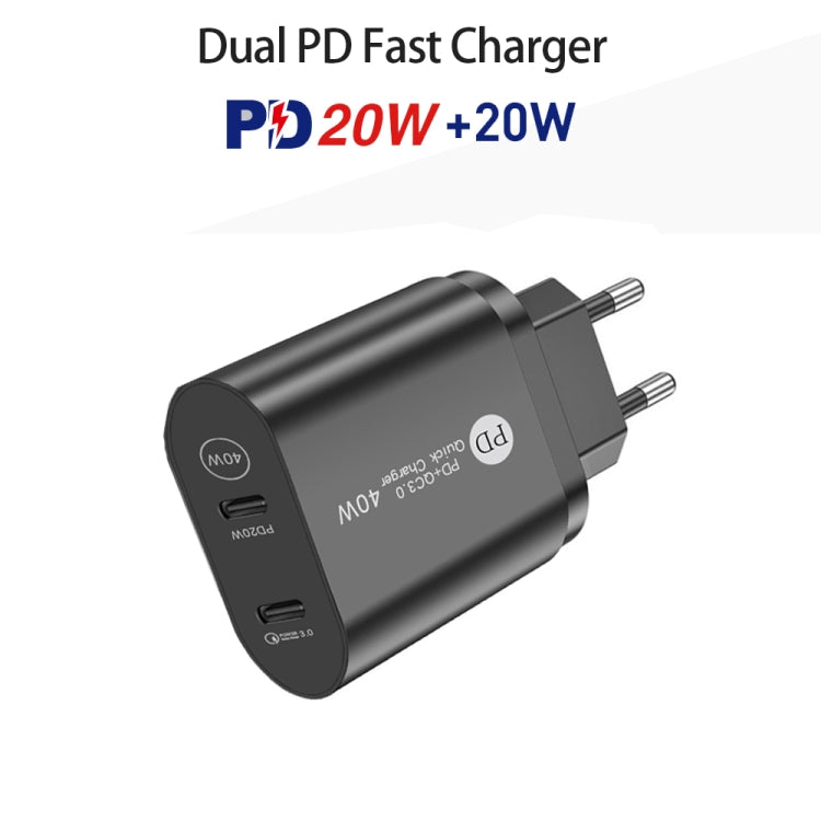 002 40W 듀얼 포트 PD / 타입-C 고속 충전기 아이폰 / 아이패드 시리즈용, EU 플러그, EU 플러그