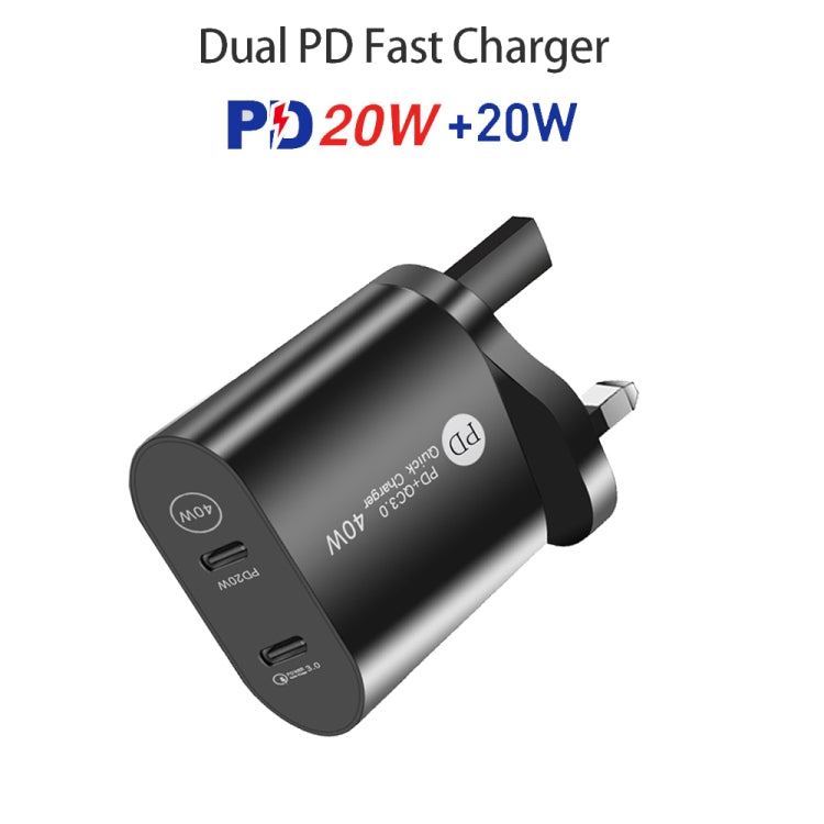 002 40W 듀얼 포트 PD USB-C / 타입-C 고속 충전기 아이폰 / 아이패드 시리즈용, UK 플러그, UK 플러그