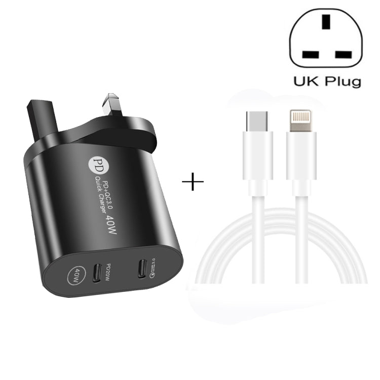002 40W 듀얼 포트 PD / 타입-C 고속 충전기 USB-C to 8핀 데이터 케이블 포함, UK 플러그, UK 플러그 + 타입-C to 8핀 케이블