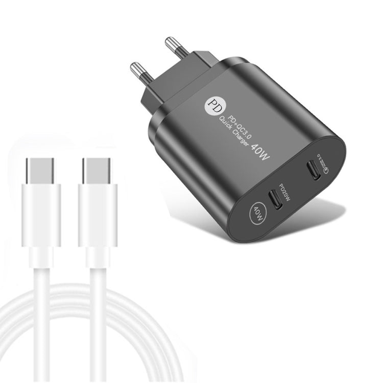 002 40W PD3.0 듀얼 포트 USB-C / Type-C 충전기 Type-C to Type-C 데이터 케이블 포함, EU 플러그 + Type-C to Type-C 케이블